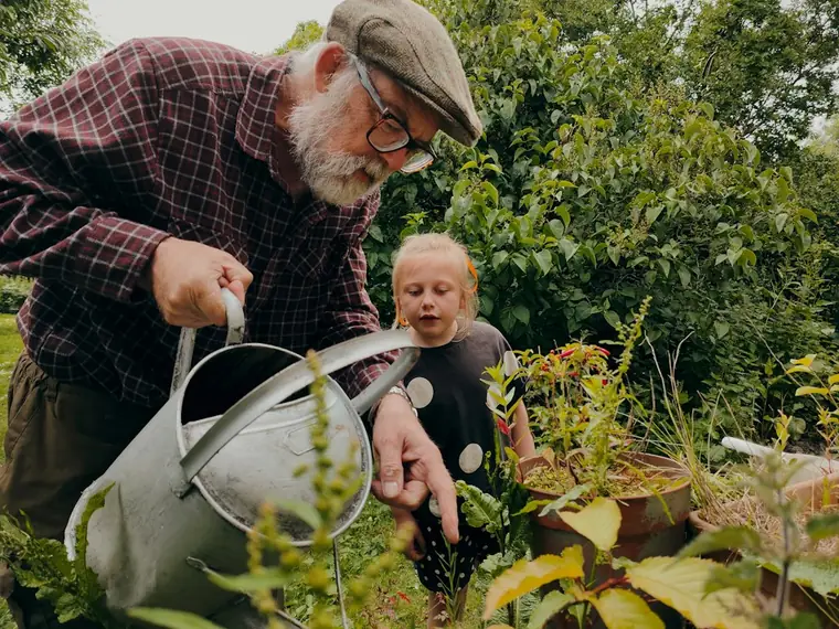 A grandfather and his granddaughter watering plants in the garden